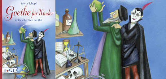 Cover des Buchs Goethe für Kinder in Geschichten erzählt: Der alte Magier und Wissenschaftler Faust und hinter ihm steht grinsend Mephisto, der Teufel