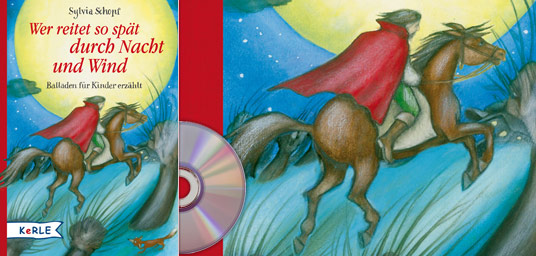 CD- / Buchcover: Wer reitet so spät durch Nacht und Wind. Balladen für Kinder erzählt: Ein Reiter jagt bei Mondschein auf seinem Pferd durch eine gespenstische Landschaft.