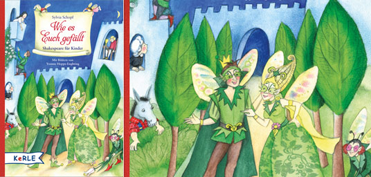 Cover des Buchs Shakespeare für Kinder, in Geschichten neu erzählt: Verschiedene Figuren aus dem Shakespeare-Kosmos (Hamlet, Elfenkönig und Elfen) bevölkern einen Schlosshof.