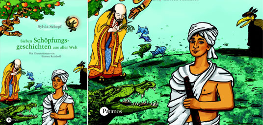 Cover des Buchs Sieben Schöpfungsgeschichten - Dargestellt sind unter anderem die Schlange im Baum, der Hase im Mond und der Rabe aus der indianischen Mythologie als Teile eines Weldbilds.