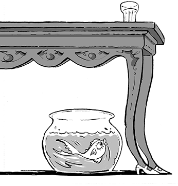 Unter einem Tisch (dessen Beine Schuhe tragen) steht ein Fischglas mit einem Fisch darin. Der Fisch bewundert die Tischbeine.