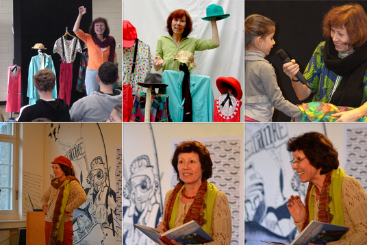 Verschiedene Fotos: Sylvia Schopf bei ihren Veranstaltungen in Aktion mit dem Publikum, erzählend, spielend, mit Requisiten