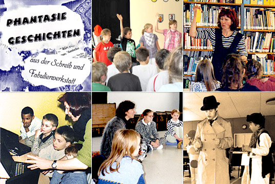 9 Fotos: Sylvia Schopf im Workshop mit Kindern: Beim Theaterspielen, Schreib- und Fabulierwerkstätten. Zu sehen sind auch Kinder am PC und Kinder beim Rollenspiel